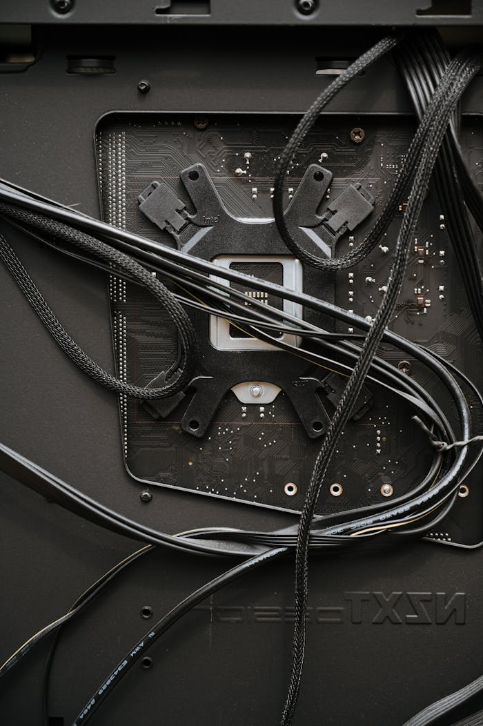 Detailed view of internal computer components and cables for maintenance or assembly.